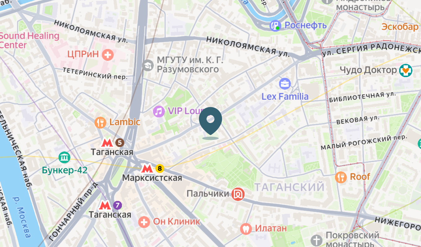 109004, г. Москва, ул. Александра Солженицына, д. 18 (м. Таганская, м. Марксистская)